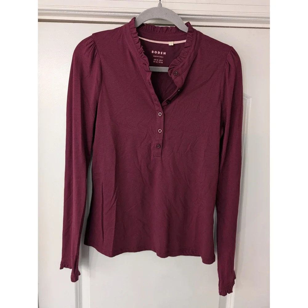Boden Womens Ruffle Frill Henley Top Burgundy Puff Sleeve size 6 basics modern